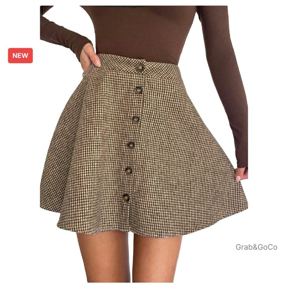 Vintage Plaid Button Front Skater Skirt High Waisted Ruffle Hem Fall Outfit